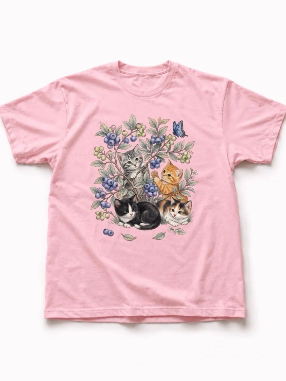 Pink Tee with Playful Kitten Bouquet, Cute cat shirt